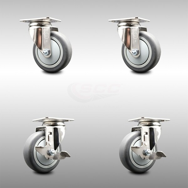 4 Inch 316SS Thermoplastic Rubber Wheel Swivel Top Plate Caster Brakes SCC, 2PK
